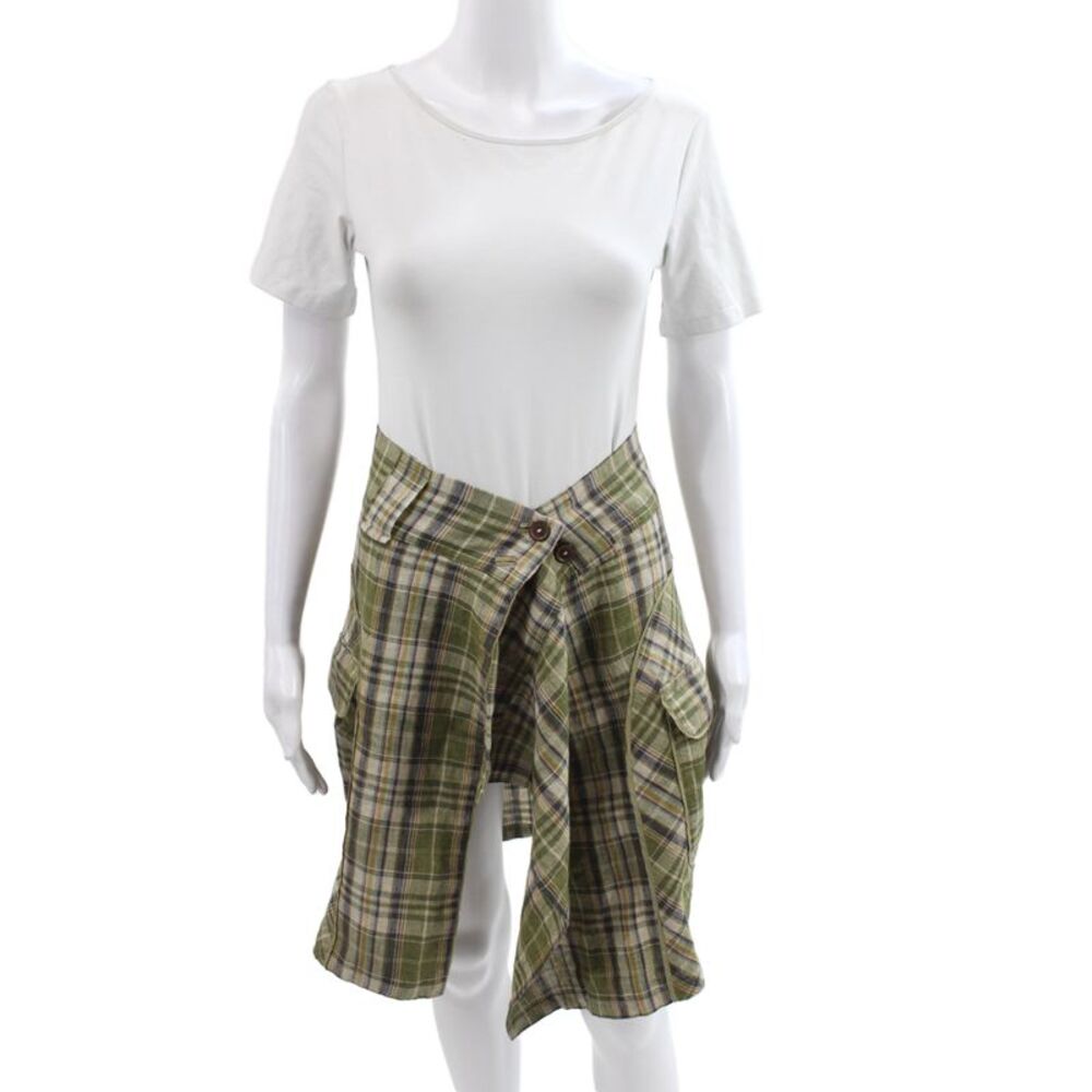 Cotelac Women Cargo Green Plaid Cotton Knee Length Skirt Button Size 0
